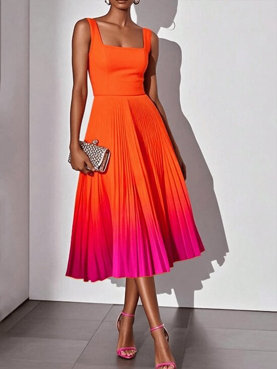 Dresses & Skirts - Orange Elegant Casual Women's Sleeveless Zipper Ombre Pleated Evening Dress